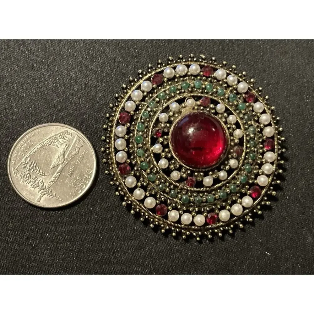 Vintage Arthur Pepper Rhinestone Red Cabochon Center Brooch